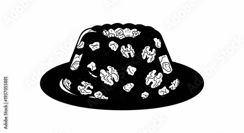 Black and white drawing of a molded dessert with nuts and fruit pieces