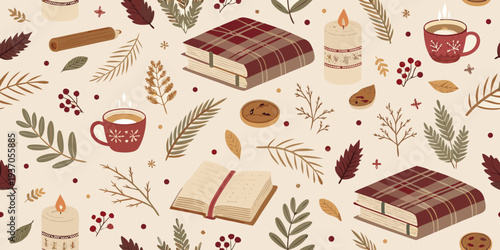 Cozy reading nook with books, candles, and hot drinks in autumnal background setting, seamless pattern cozy zone