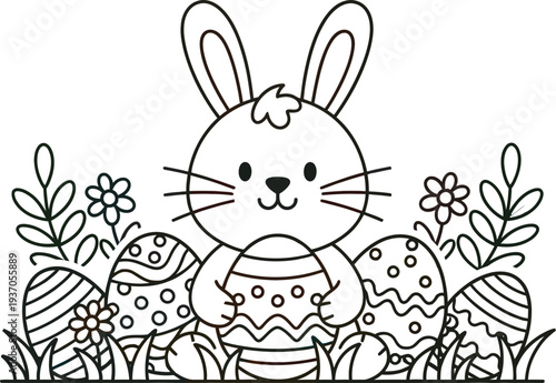 Easter day bunny  label clipart style vector, Adorable cartoon bunny holding a decorated Easter egg amidst a festive egg hunt scene, perfect for children's coloring activities