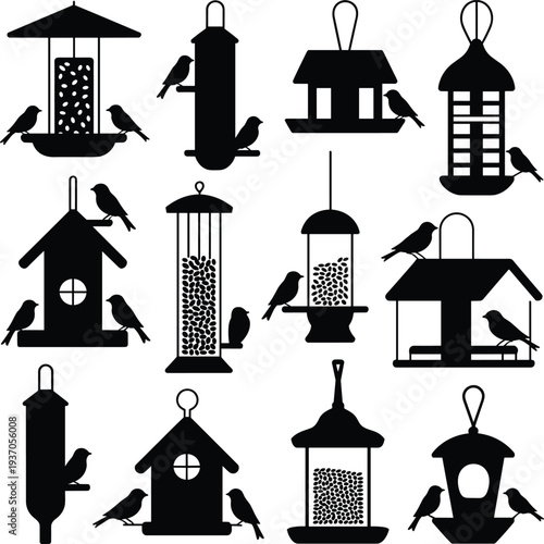 Bird feeder silhouette set hanging feeder house seed feeder garden birds wildlife feeding station vector icon collection