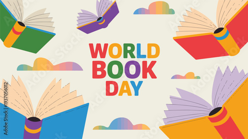 Vibrant World Book Day celebration with colorful books and clouds