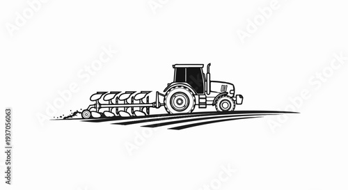 Black and white illustration of a tractor plowing a field