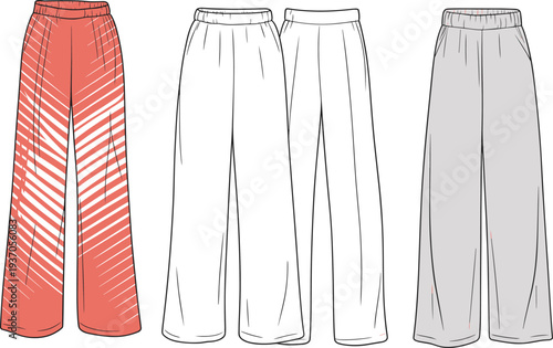 Three pairs of wide-leg pants with different colors and patterns including red with white stripes, white, and gray