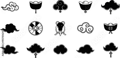 Collection of Chinese auspicious symbols including clouds and gold ingots