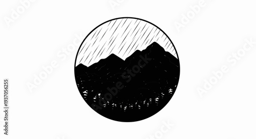 Circular graphic with rain over mountains and forest silhouette