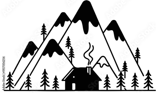 Simple black and white illustration of mountains, trees, and a cabin with smoke
