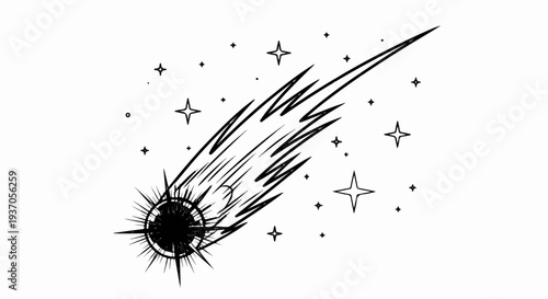 Black comet with trailing light streaks and scattered stars in deep space