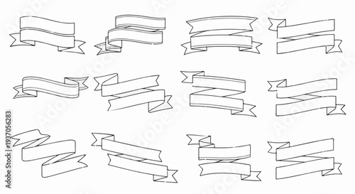 Collection of twelve stylized outline ribbon banners