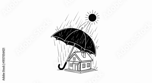 House protected by umbrella from sun and rain