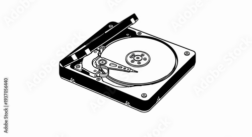 Detailed line art illustration of an open hard disk drive, revealing its internal components