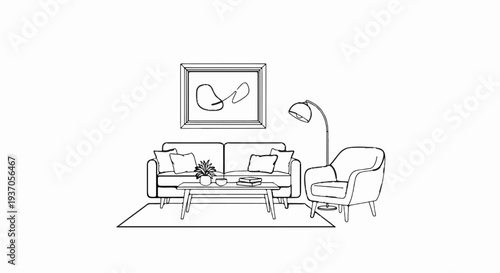 Minimalist living room sketch with sofa, armchair, coffee table, and art