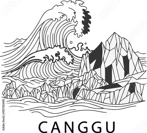 Stylized crashing waves and angular mountains with text below
