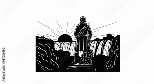 Man standing before waterfall at sunrise