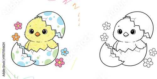 Cute cartoon baby chick hatching from egg coloring page. Colored and black and white line art vector illustration for children's activity book, Easter or spring theme