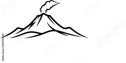 Stylized black ink drawing of a smoking volcano against a white background