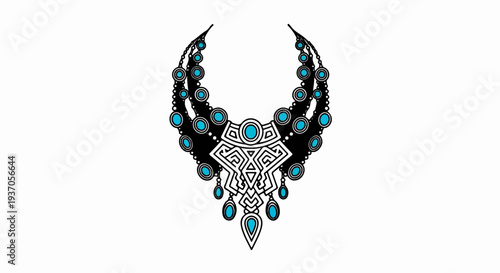 Ornate tribal-inspired necklace with turquoise gems and intricate patterns