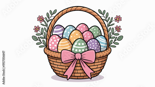 Easter basket full of colorful eggs with pink bow and flowers