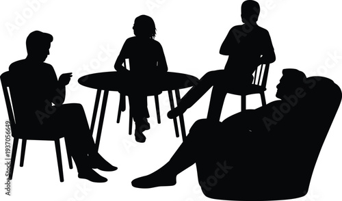 Group therapy session silhouette, psychologist counseling patients in support meeting, mental health discussion psychotherapy illustration concept
