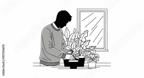 Person tending houseplants on a windowsill next to a window
