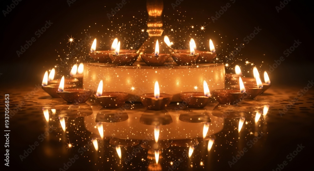 Obraz premium Glowing Oil Lamps with Sparkles Celebration on Dark Reflective