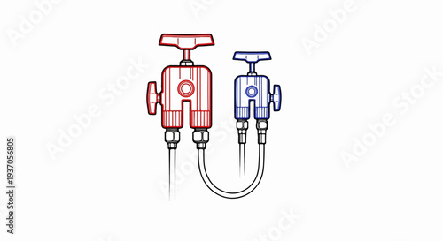 Red and blue valves connected by flexible tubes, schematic
