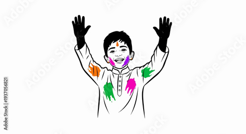 Joyful child with colorful splashes on face and clothes, hands raised