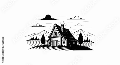 Rustic alpine cabin nestled amongst rolling fields under a cloudy sky