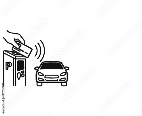 Hand inserts card into parking meter, car nearby, wireless signal