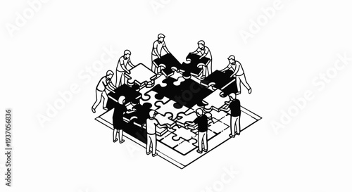 Group of people collaboratively assembling a jigsaw puzzle