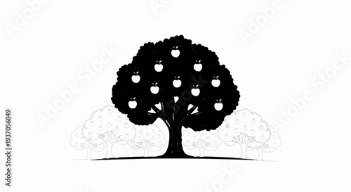 Silhouette of a bountiful apple tree with surrounding trees