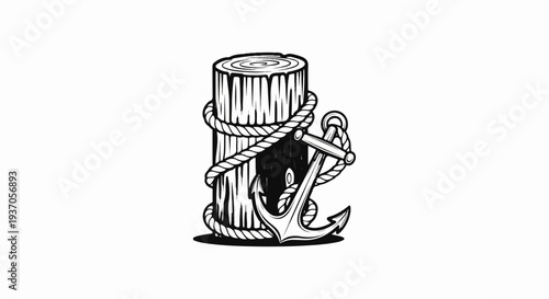 Nautical anchor entwined with a textured wooden post and rope