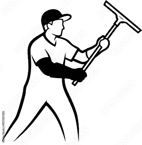 Person in cap and gloves holding a squeegee for cleaning