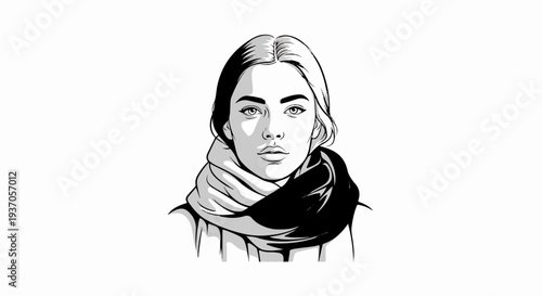 Striking monochrome portrait of a young woman wearing a scarf
