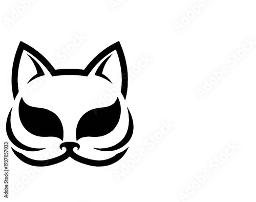 Stylized black and white mask with pointed ears and large eyes
