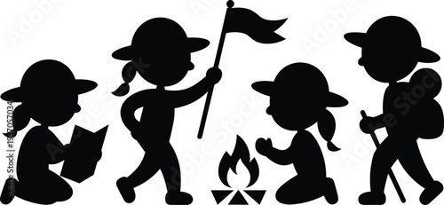 Kids camping adventure silhouettes, children hiking reading map holding flag sitting near campfire outdoor scout activity illustration set