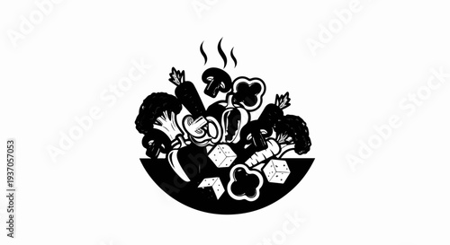 Steaming bowl of fresh vegetables and diced ingredients, artistically drawn