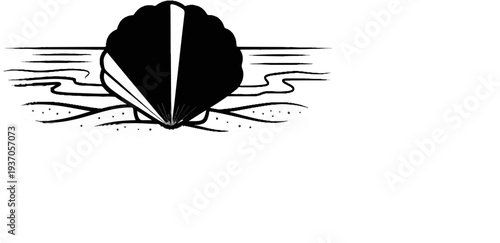 Stylized black and white seashell on a sandy beach with gentle waves