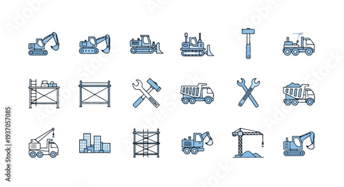 A comprehensive set of construction and industrial equipment, tools, and urban building elements rendered in a clean, blue-toned vector icon style.
