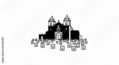 Silhouette of a grand church with many lit lanterns in front