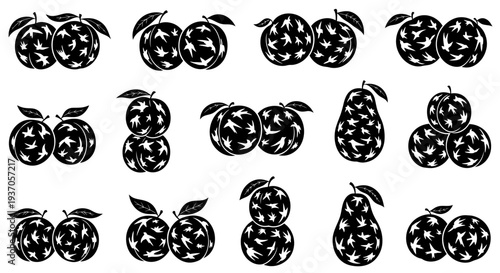 Collection of black and white illustrations of apples and pears on a plain background for design use