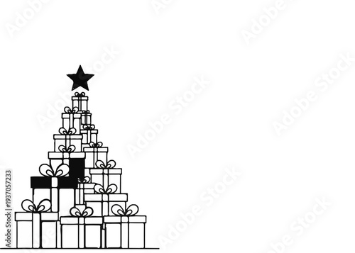 Stack of festive gift boxes arranged in a tree shape, topped with a star