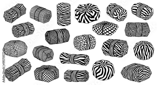 Collection of assorted skeins of yarn with various patterns on a white background for crafting and textile design