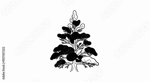 Stylized ink drawing of a tree with dark, rounded foliage clusters