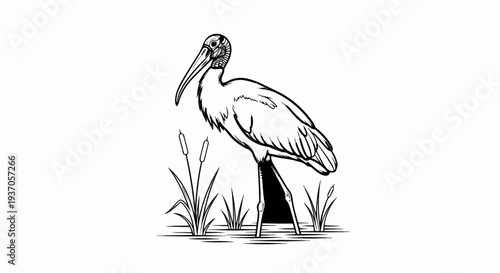 Black and white line drawing of a long-legged bird standing in shallow water among reeds