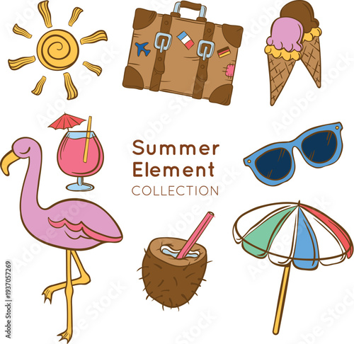 Colorful swimming gear and seaside travel icons collection vector