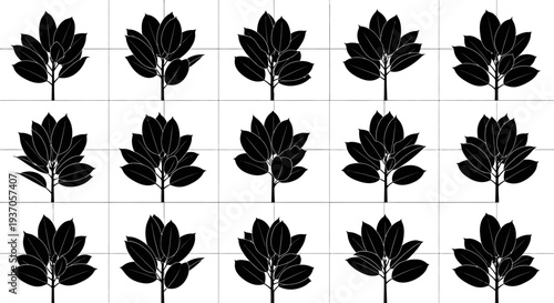 Black leaf silhouettes arranged in grid pattern on white background for design and decoration
