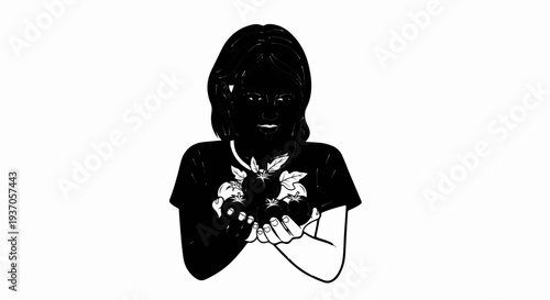 Woman holding ripe tomatoes in her hands, wearing a shirt with a tomato design