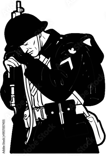 A stylized soldier in a helmet holds a rifle, head bowed in exhaustion or sorrow