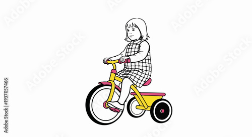 Young girl rides a yellow tricycle with pink accents