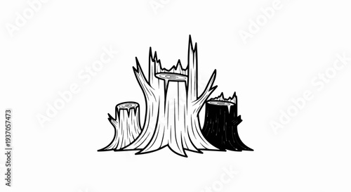 A stylized illustration depicts a group of weathered tree stumps in varying sizes
